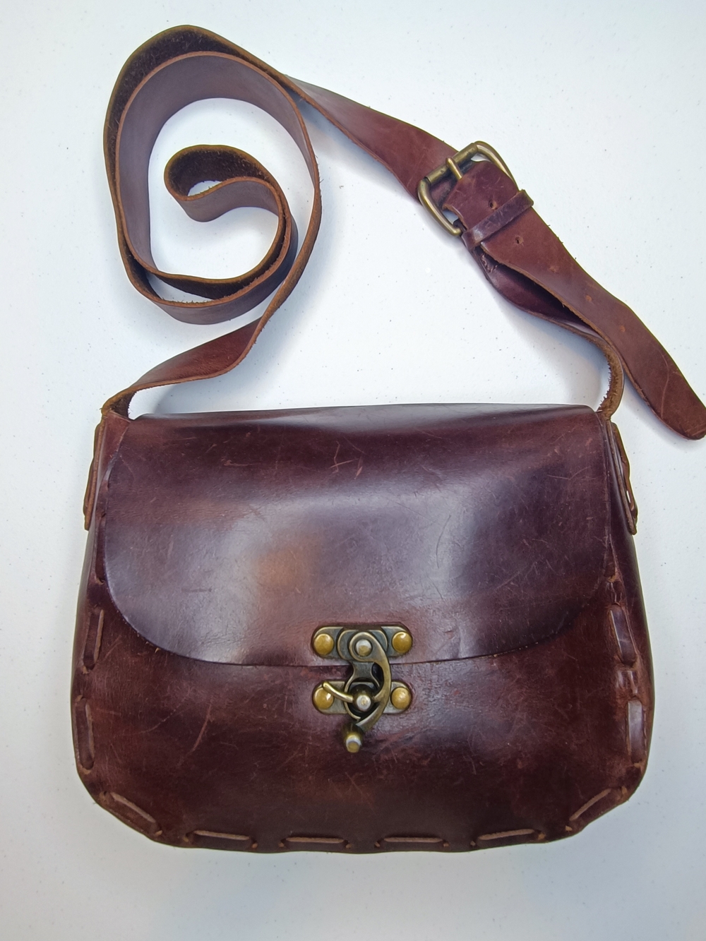 Rare Vintage Eddie Bauer Brown Bag Whipstitch Leather Rustic Saddle Crossbody
